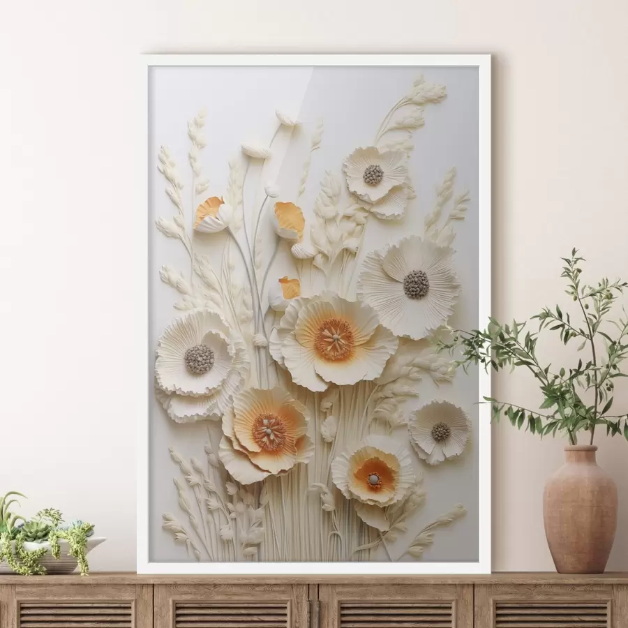 fototapet Un buchet de maci de culoare crem și portocaliu, cu tulpini de grâu uscate f48747