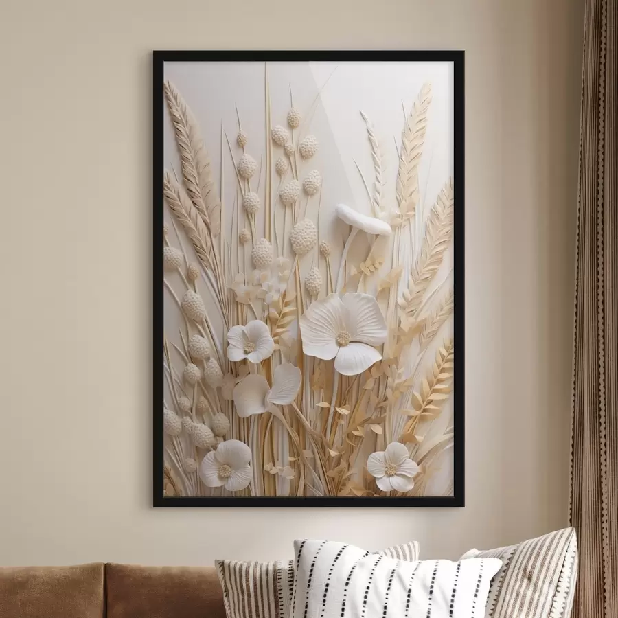 fototapet Un buchet de maci crem cu tulpini de grâu uscate f48748