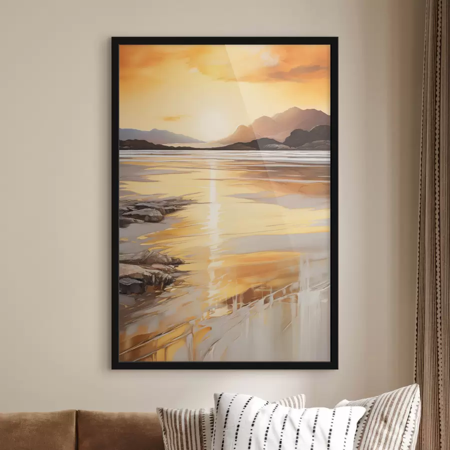 fototapet Un peisaj cu un râu și munți sub un cer portocaliu cald, la apus f48756