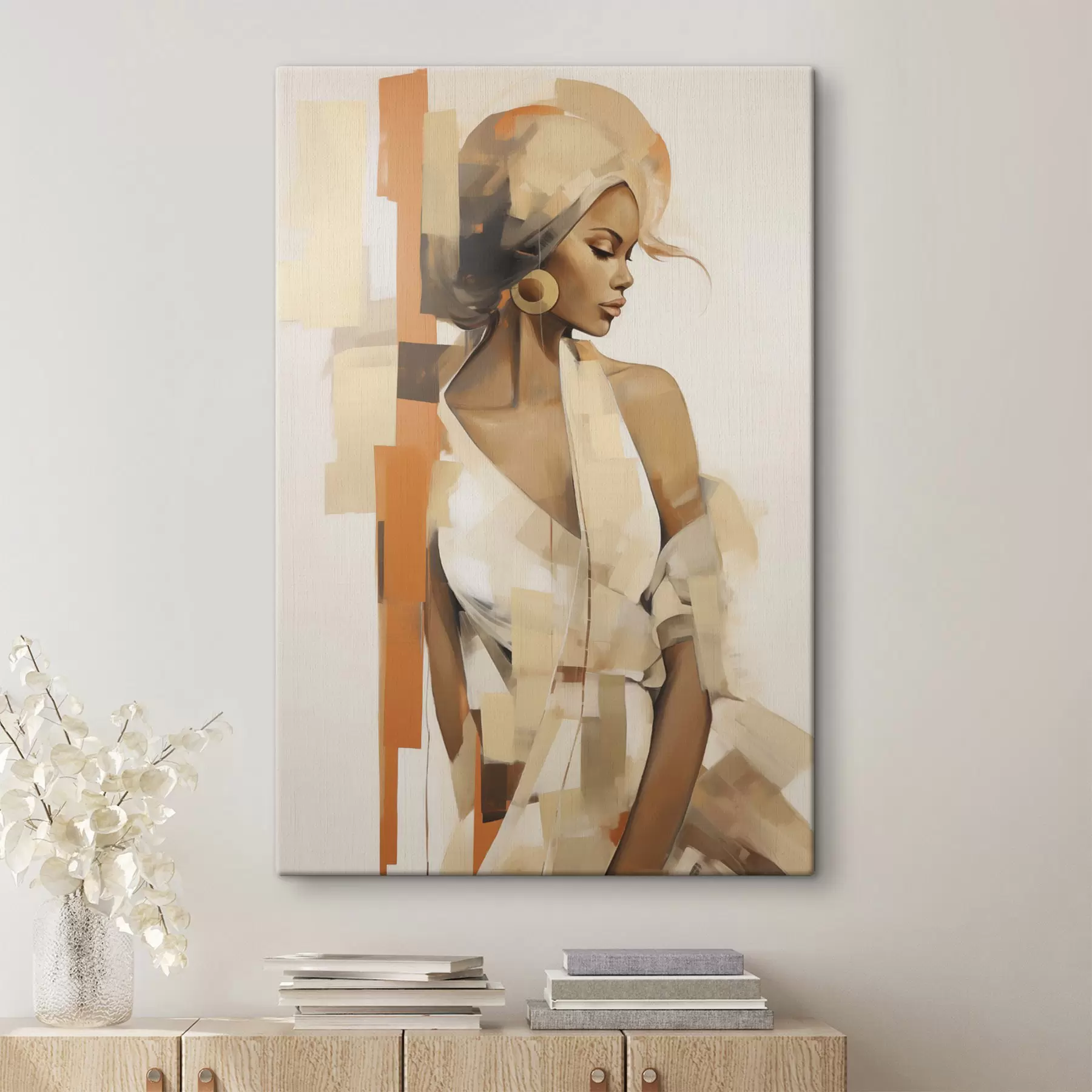 Tablouri Portret abstract al unei femei cu forme portocalii și bej s48735