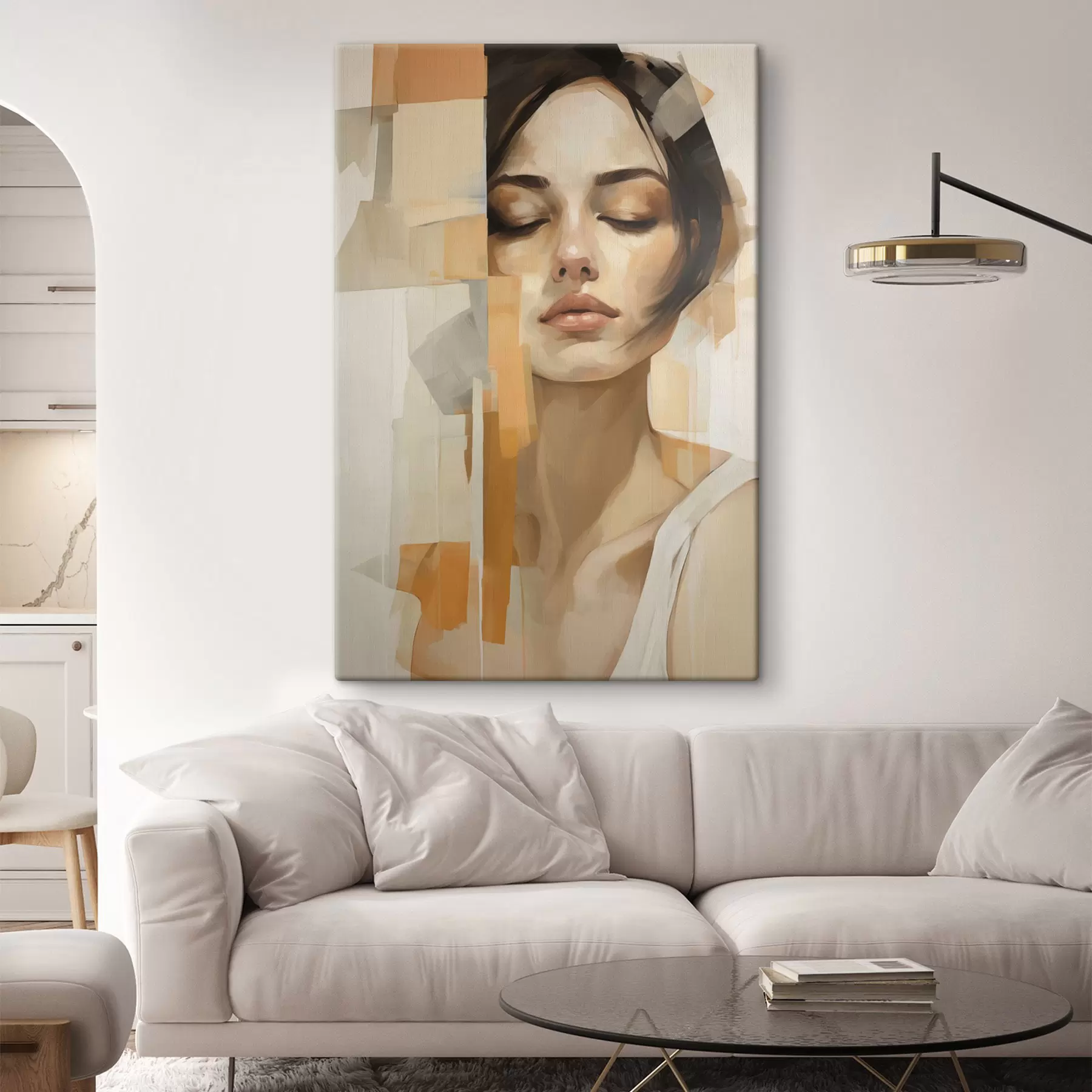 Tablouri Portret abstract al unei femei cu forme portocalii și bej s48736