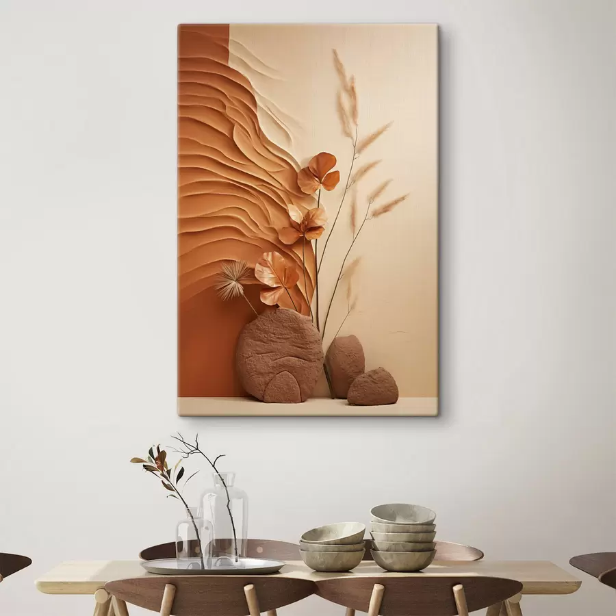 Tablouri O operă de artă minimalistă cu flori uscate și iarbă de pampas, pe un fundal texturat s48739