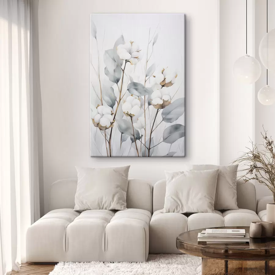 Tablouri O plantă de bumbac albă, cu frunze de un albastru-verzui pal, pe un fundal deschis s48743