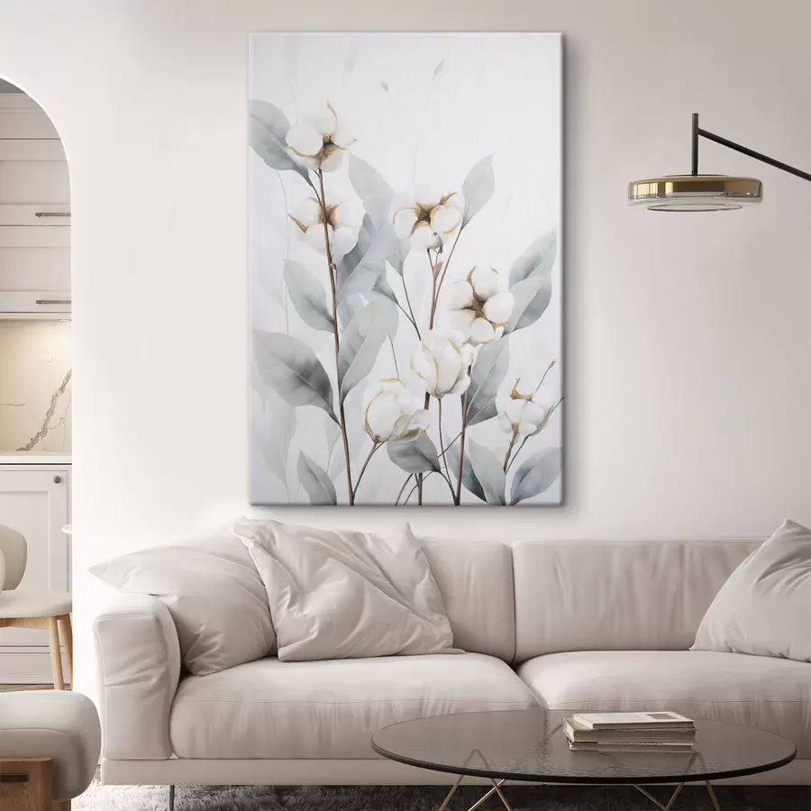 Tablouri O plantă de bumbac albă, cu frunze de un albastru-verzui pal, pe un fundal deschis s48744