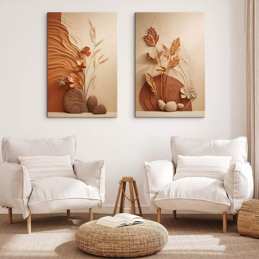 Tablouri O operă de artă minimalistă cu flori uscate și iarbă de pampas, pe un fundal texturat m30320