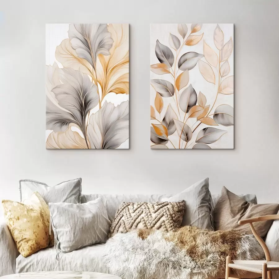 Tablouri Frunze mari, translucide, în nuanțe de gri și galben m30323