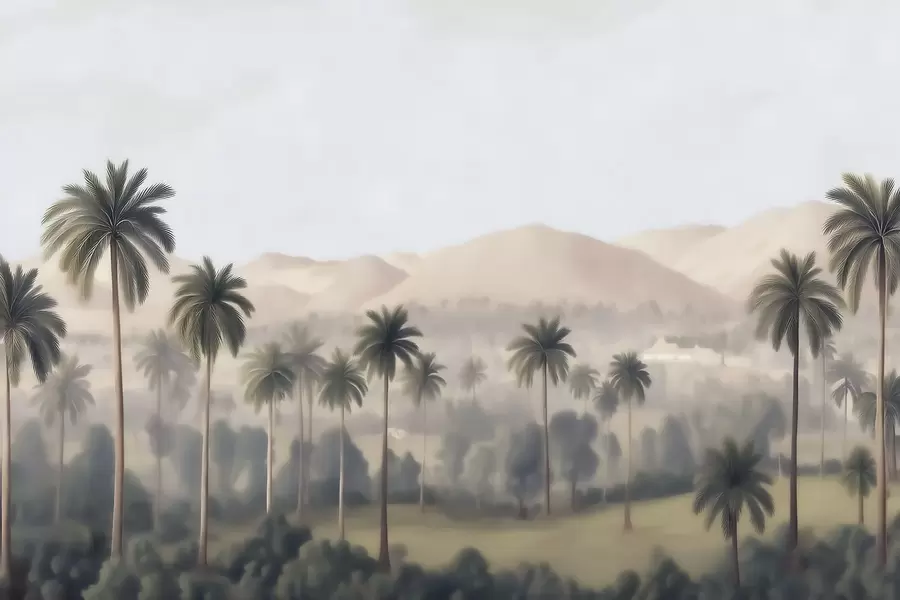 fototapet Peisaj tropical cu palmieri și munți, panoramă în stil retro în nuanțe de bej și verde w09798