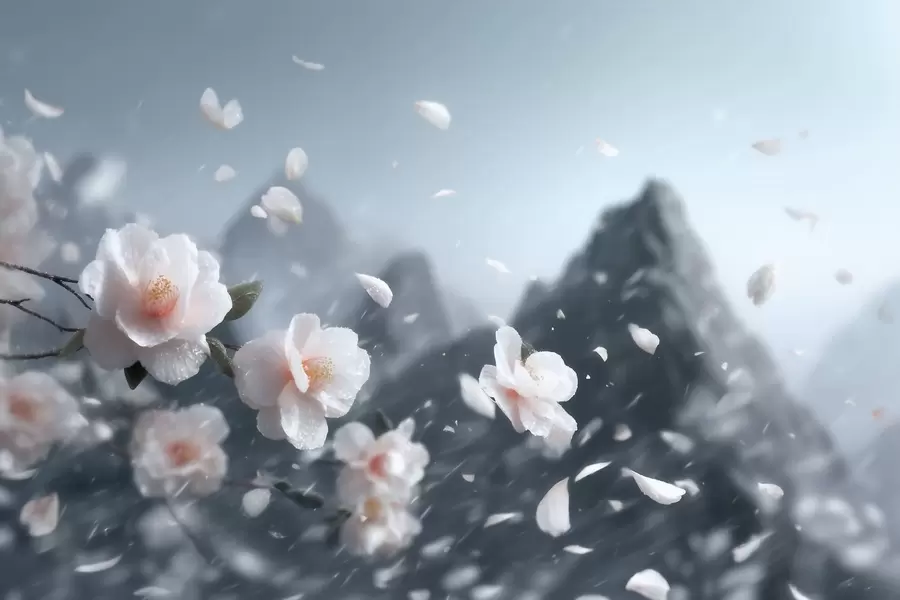 fototapet Flori delicate de cireș înflorit pe fundalul munților, peisaj japonez plin de atmosferă în nuanțe pastelate w09808