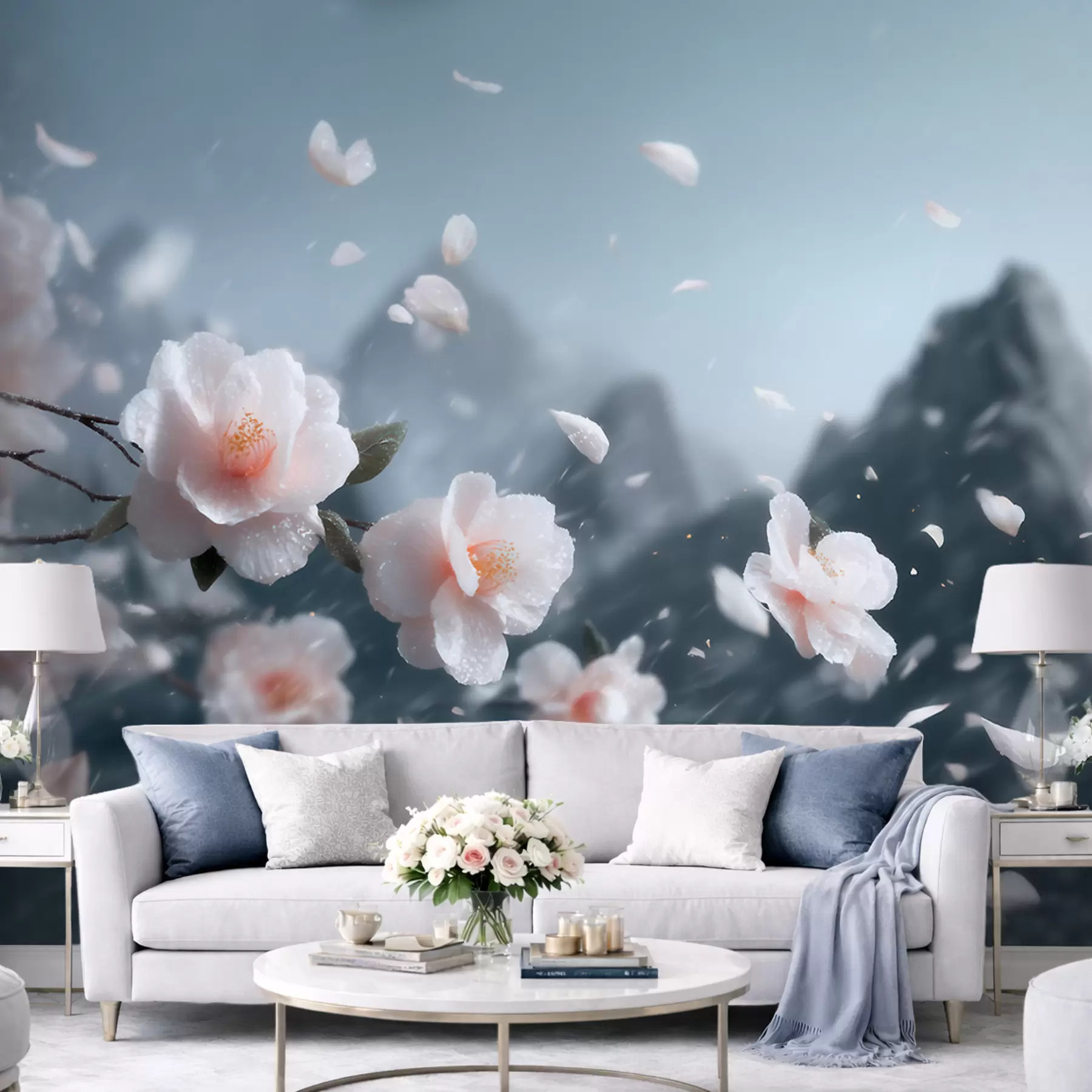 fototapet Flori delicate de cireș înflorit pe fundalul munților, peisaj japonez plin de atmosferă în nuanțe pastelate w09808