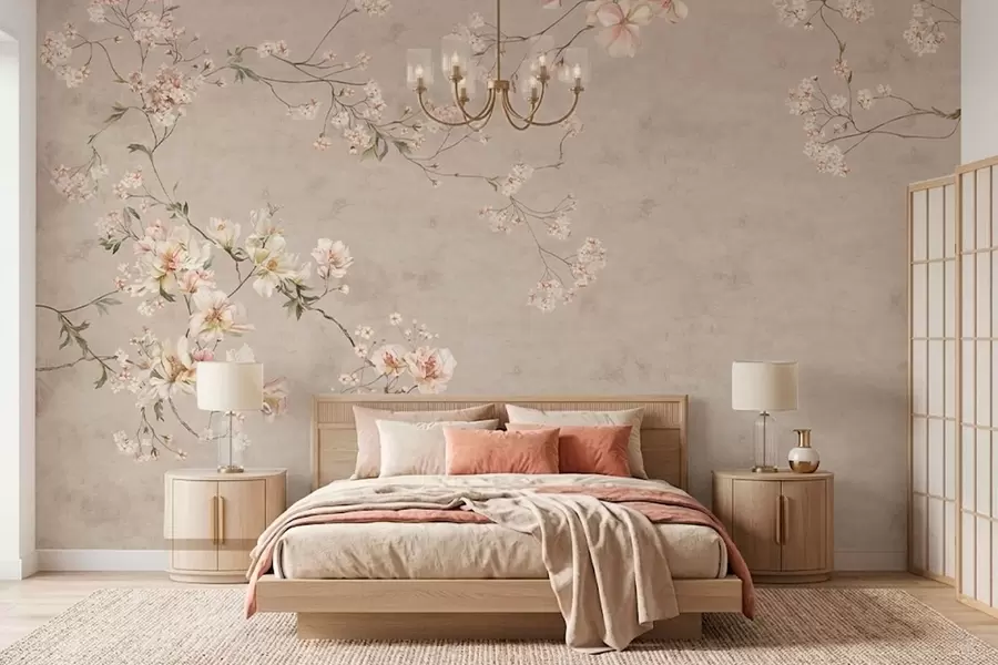 fototapet Ramuri florale delicate în stil chinoiserie pe un fundal deschis w05427
