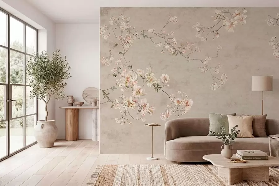 fototapet Ramuri florale delicate în stil chinoiserie pe un fundal deschis w05427