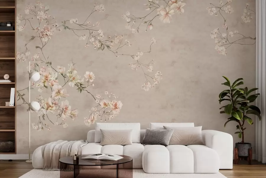 fototapet Ramuri florale delicate în stil chinoiserie pe un fundal deschis w05427