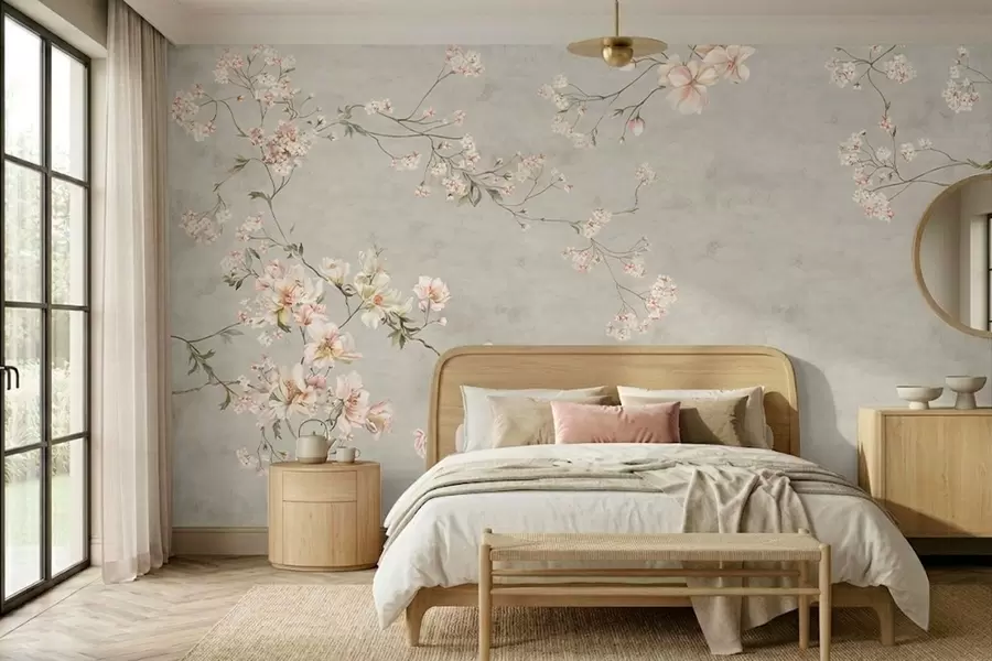fototapet Ramuri florale în stil chinoiserie pe fundal gri w05427v1