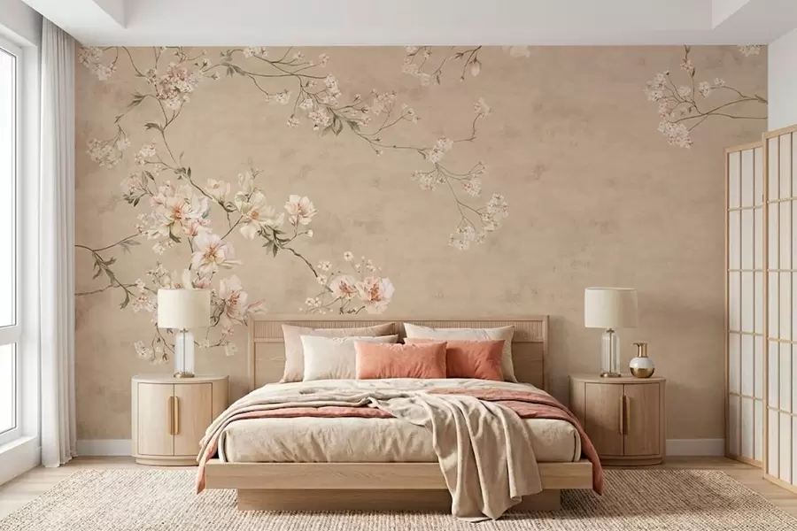 fototapet Ramuri florale în stil chinoiserie pe un fundal bej cald w05427v2