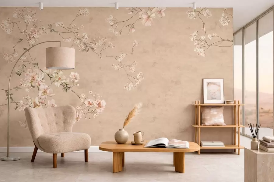 fototapet Ramuri florale în stil chinoiserie pe un fundal bej cald w05427v2