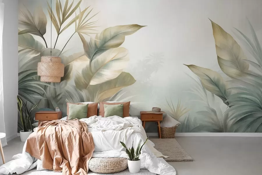 fototapet Frunze tropicale mari, cu textură, în nuanțe discrete de verde și bej, într-un decor de junglă w09820