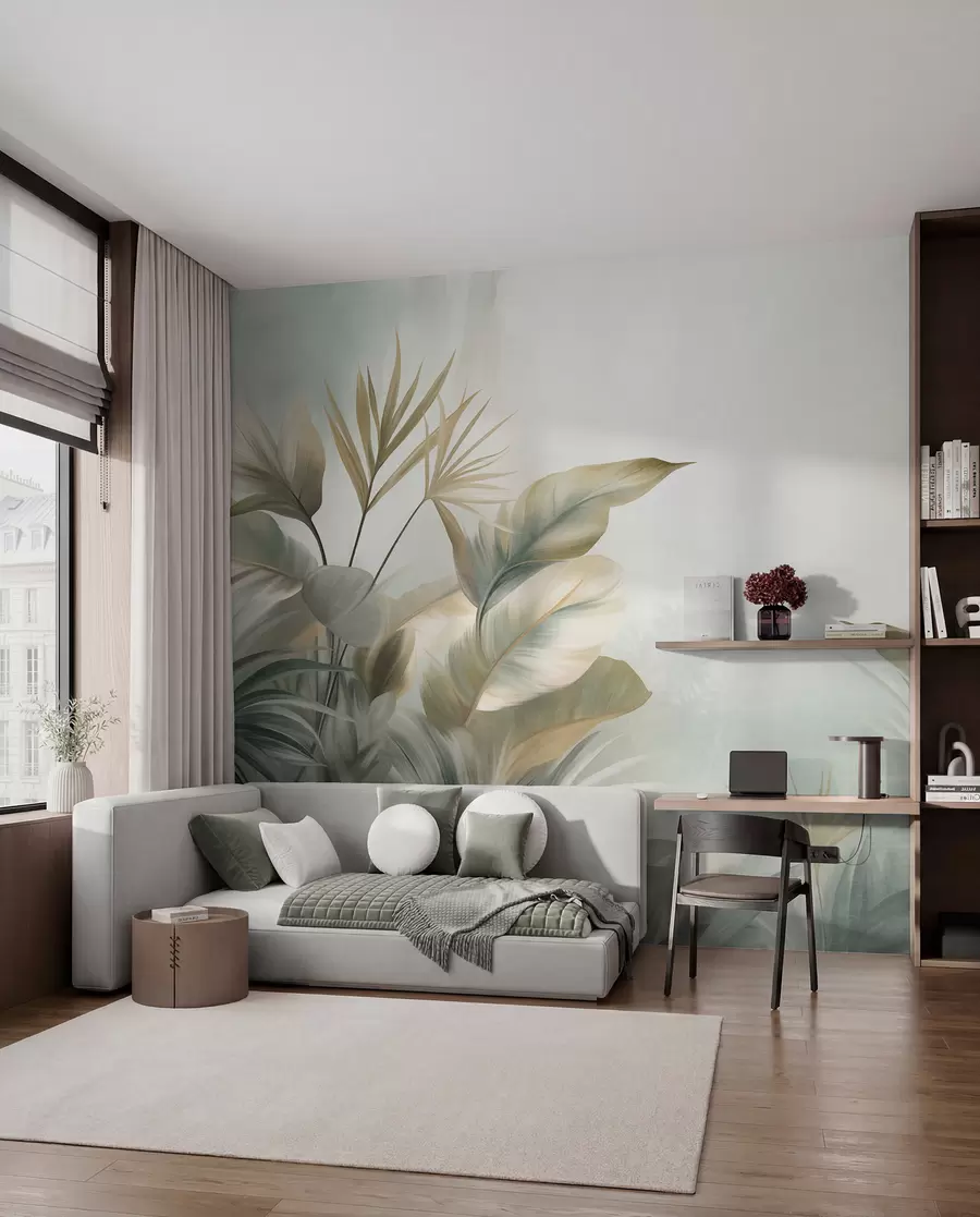 fototapet Frunze tropicale mari, cu textură, în nuanțe discrete de verde și bej, într-un decor de junglă w09820