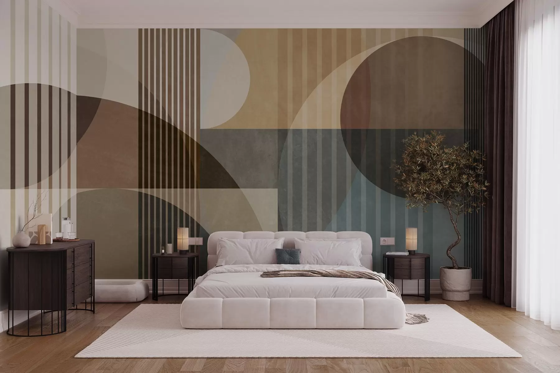 fototapet Forme geometrice abstracte compuse din cercuri și linii, în nuanțe discrete de pământ, cu textură, într-o compoziție stratificată w09834