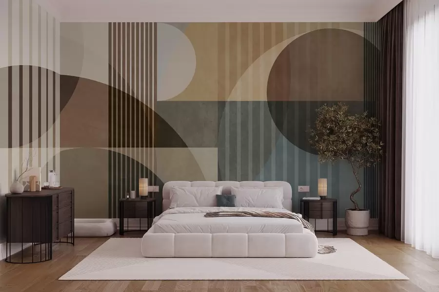 fototapet Forme geometrice abstracte compuse din cercuri și linii, în nuanțe discrete de pământ, cu textură, într-o compoziție stratificată w09834
