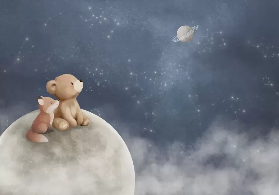 fototapet Ilustrație în culori pastelate cu un urs și o vulpe pe fundalul cerului nocturn w05431
