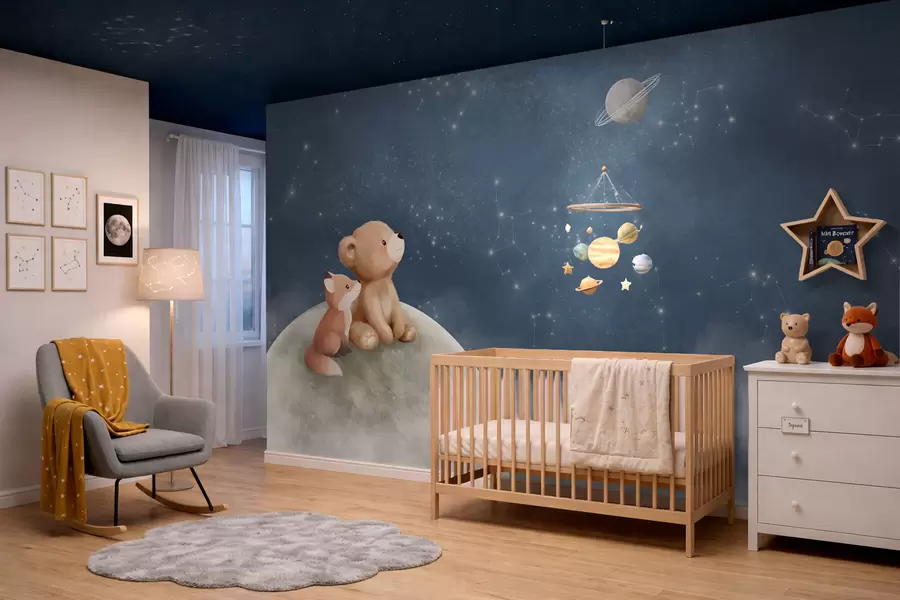 fototapet Ilustrație în culori pastelate cu un urs și o vulpe pe fundalul cerului nocturn w05431