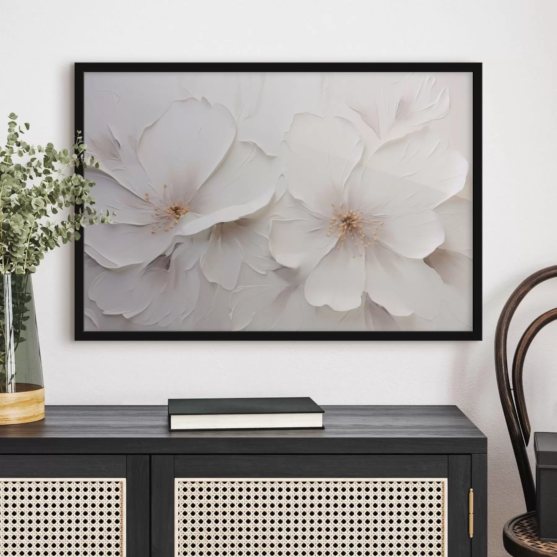 fototapet Flori albe în relief, în stil minimalist, cu umbre delicate f48796