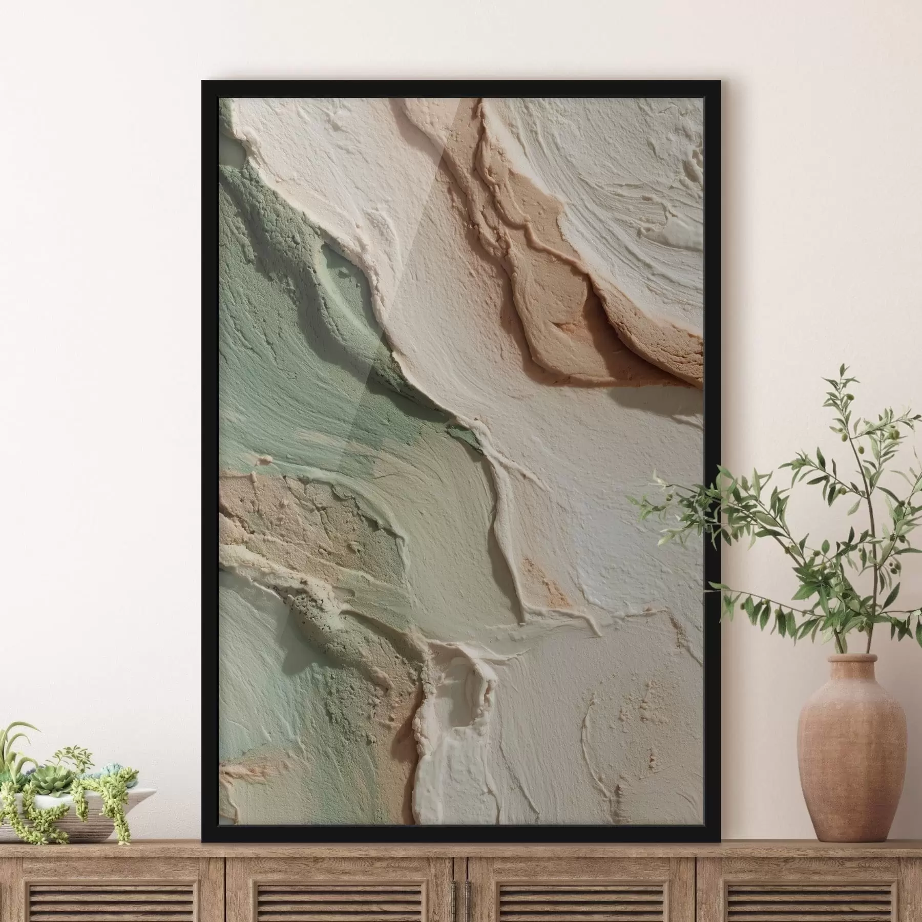 fototapet Textură abstractă în stil impasto, în nuanțe de bej și verde f48799