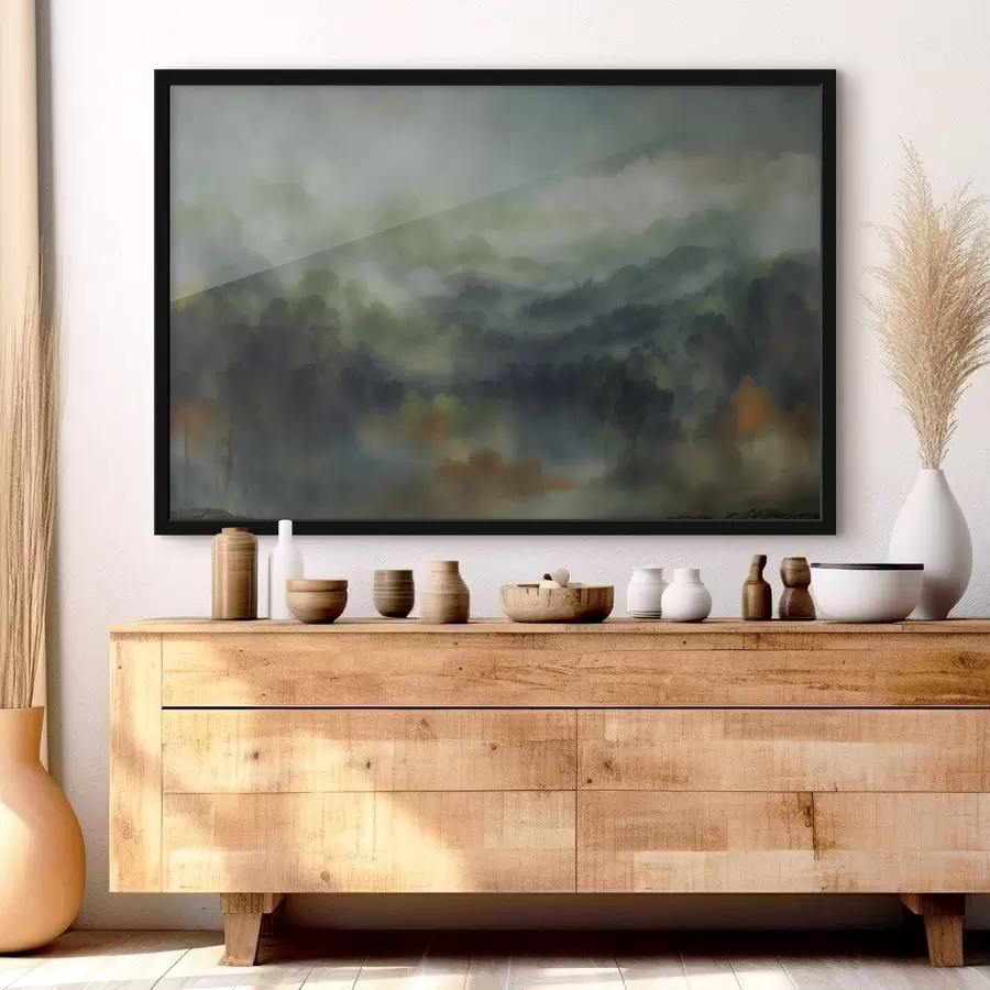 fototapet Peisaj atmosferic de pădure învăluită în ceață, în nuanțe de verde f48821