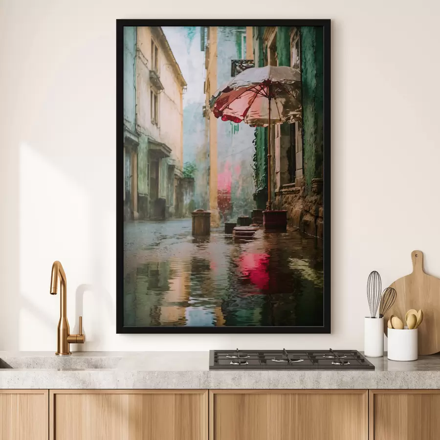 fototapet Realism: stradă ploioasă cu umbrelă și reflexii f48829