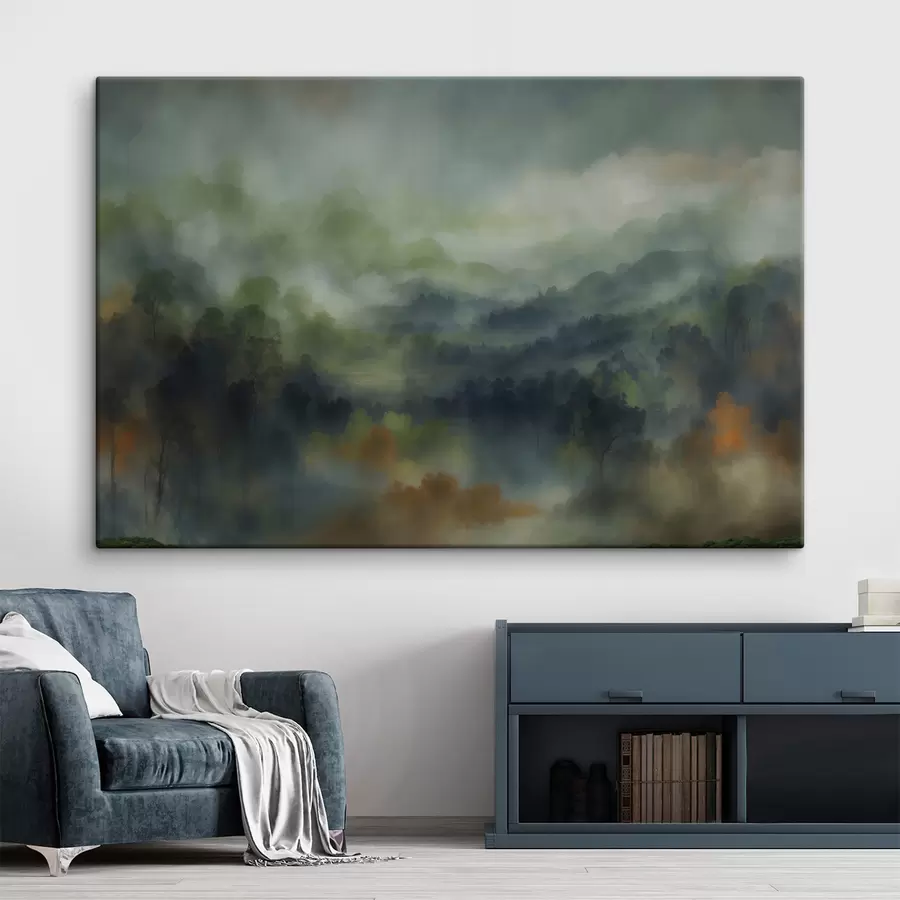 Tablouri Peisaj atmosferic de pădure învăluită în ceață, în nuanțe de verde s48821