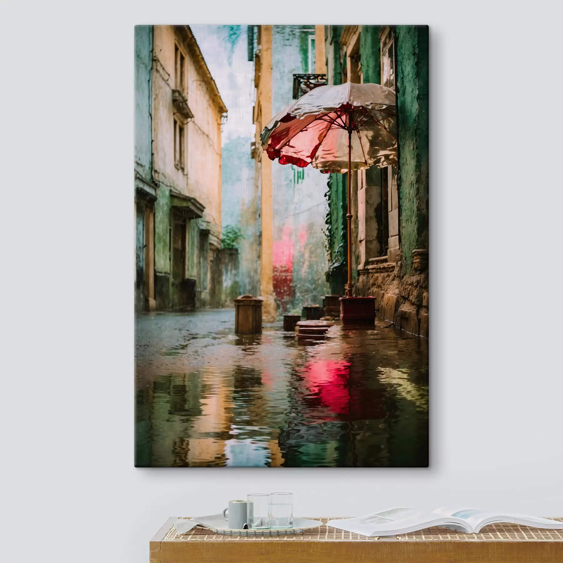 Tablouri Realism: stradă ploioasă cu umbrelă și reflexii s48829