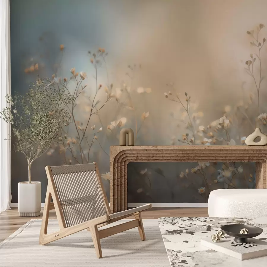 fototapet ierburi de câmp cu flori mici, pe un fundal cu profunzime redusă a câmpului w05386