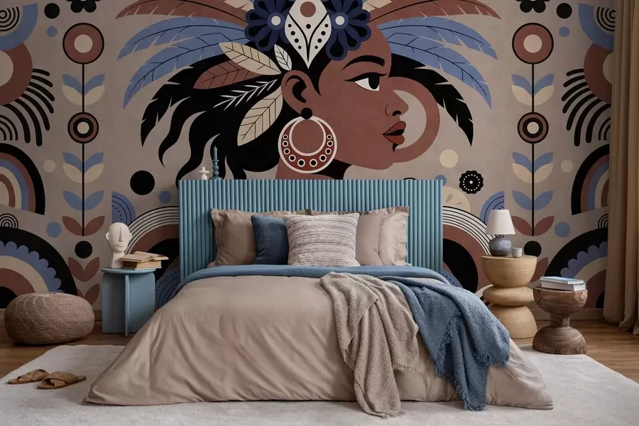 fototapet un design elegant, de inspirație africană, în nuanțe de albastru și ciocolatiu w05389