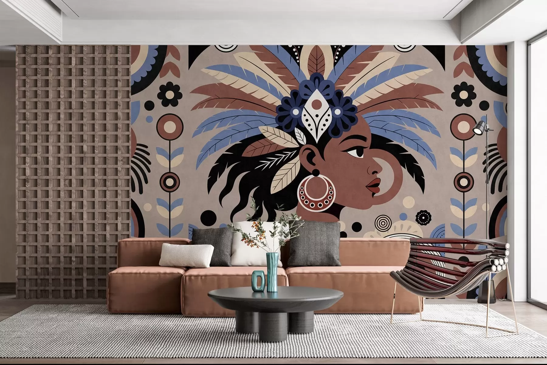 fototapet un design elegant, de inspirație africană, în nuanțe de albastru și ciocolatiu w05389