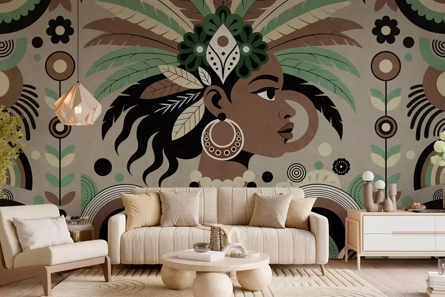 fototapet un design elegant, de inspirație africană, în nuanțe de verde, maro și bej w05389v1