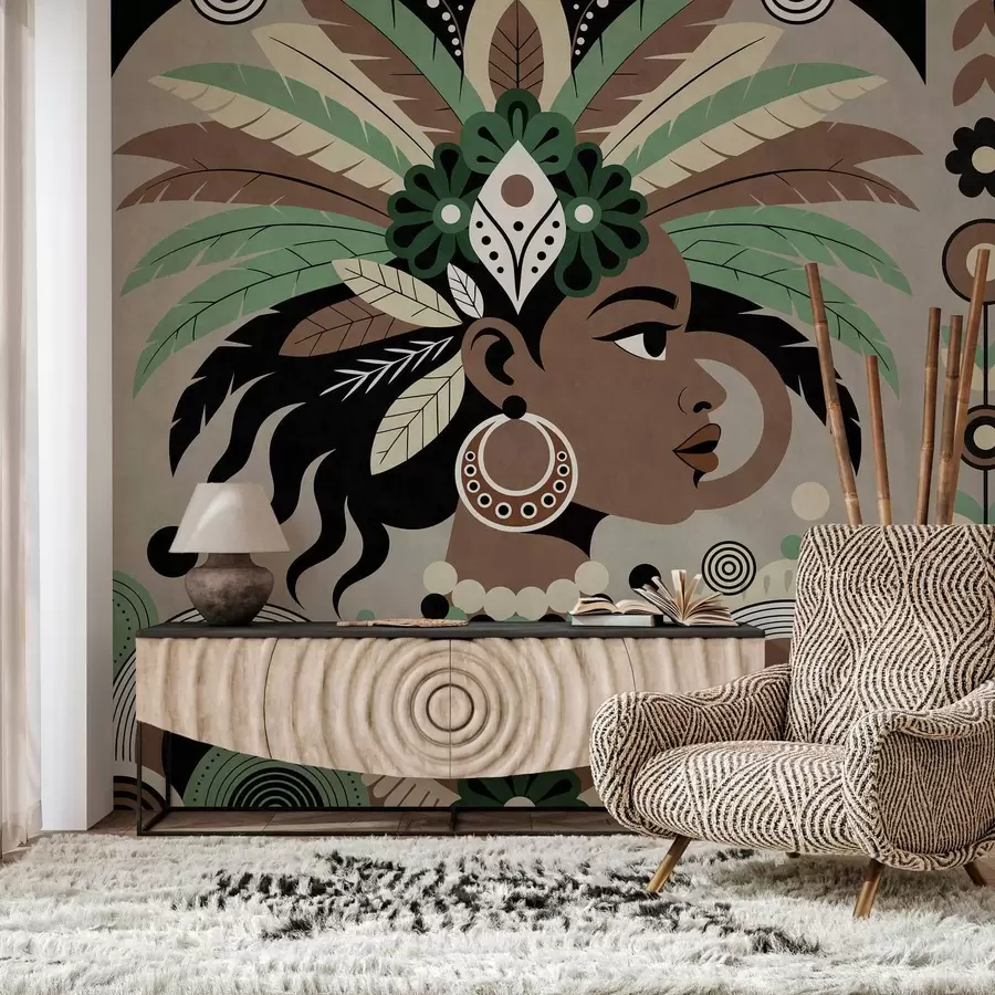 fototapet un design elegant, de inspirație africană, în nuanțe de verde, maro și bej w05389v1