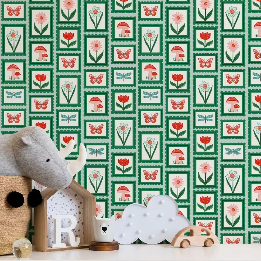 fototapet Flori, ciuperci și fluturi înrămate a01175