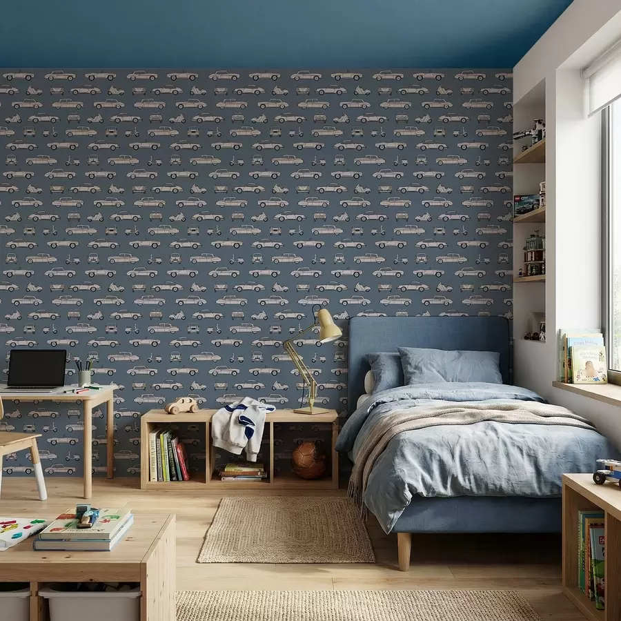 fototapet Mașini și scutere retro pe fundal albastru a01178