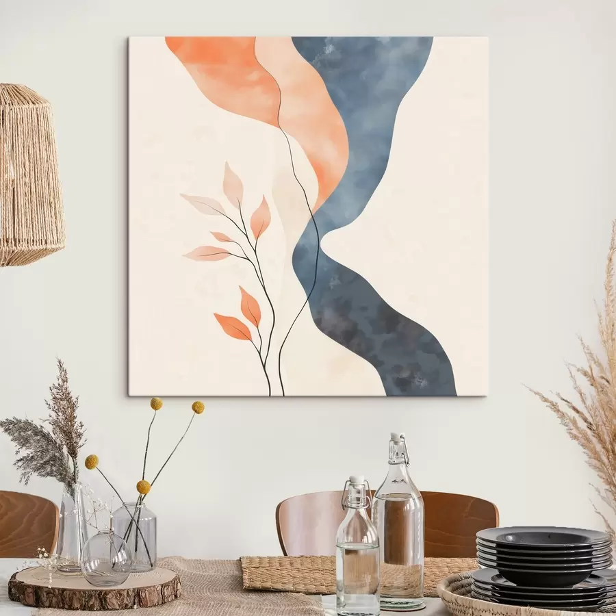 Tablouri Aranjament floral cu linii fluide, într-o paletă de culori albastru-portocaliu s48837