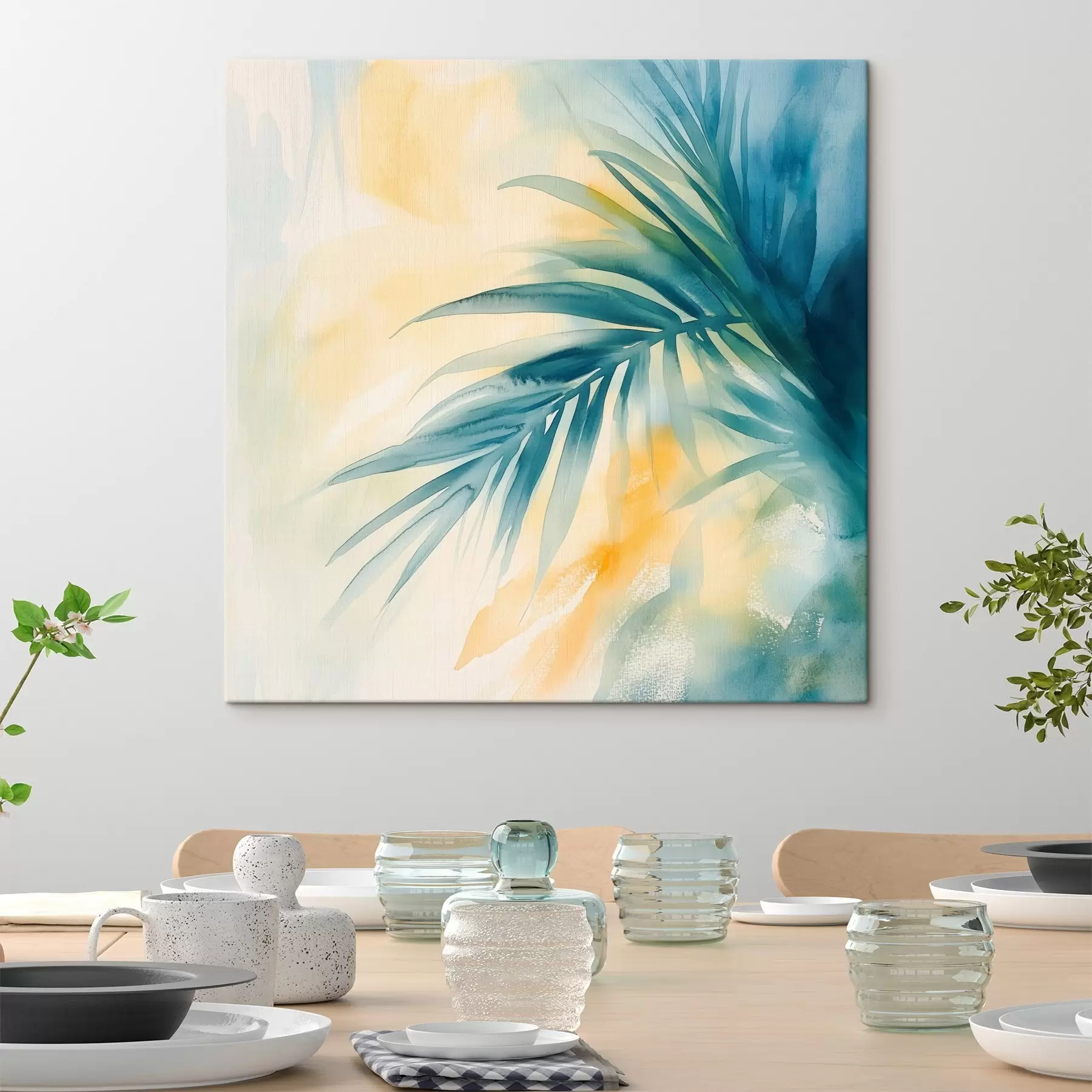 Tablouri Frunze de palmier tropicale într-o paletă de culori albastru-turcoaz, pe un fundal de pete calde de acuarelă s48849
