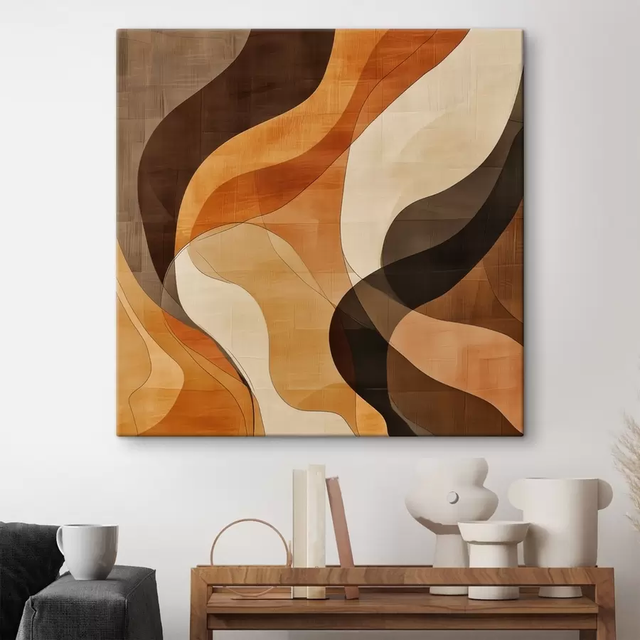 Tablouri Compoziție abstractă cu linii ondulate dinamice, într-o paletă de culori maro-teracotă s48851