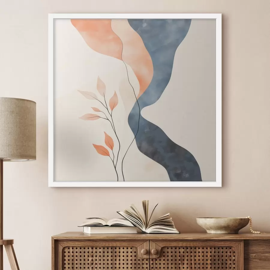 fototapet Aranjament floral cu linii fluide, într-o paletă de culori albastru-portocaliu f48837