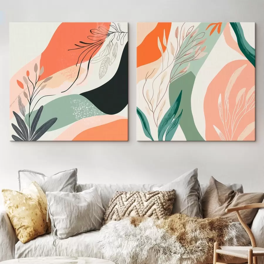 Tablouri Diptych abstract cu motive vegetale și pete de culoare, în stil modern m30347