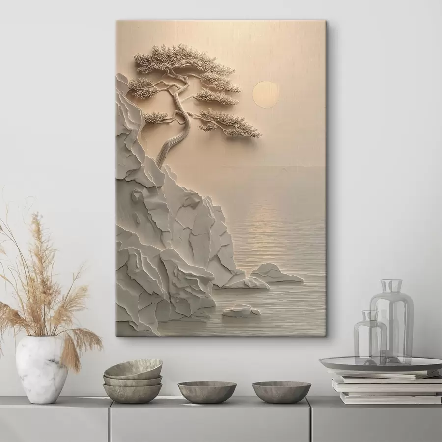 Tablouri un copac pe o pantă de lângă mare, în stil basorelief s49001