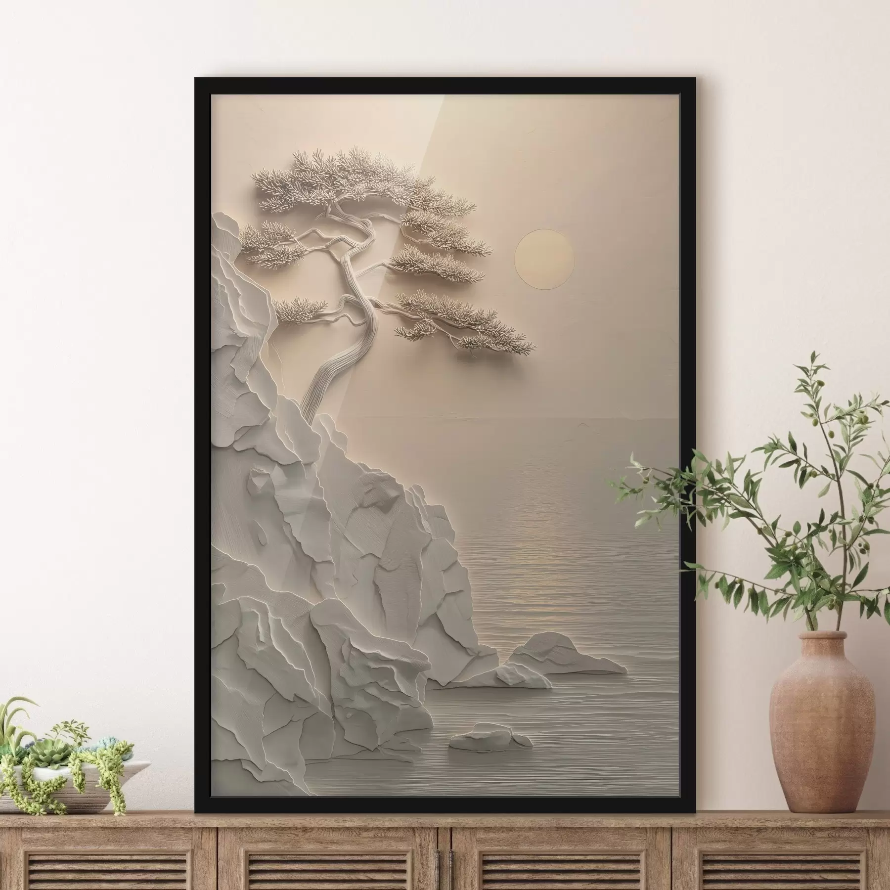 fototapet un copac pe o pantă de lângă mare, în stil basorelief f49001