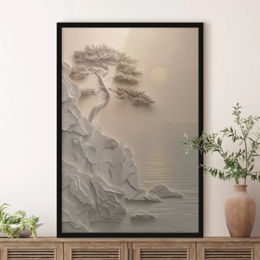 fototapet un copac pe o pantă de lângă mare, în stil basorelief f49001