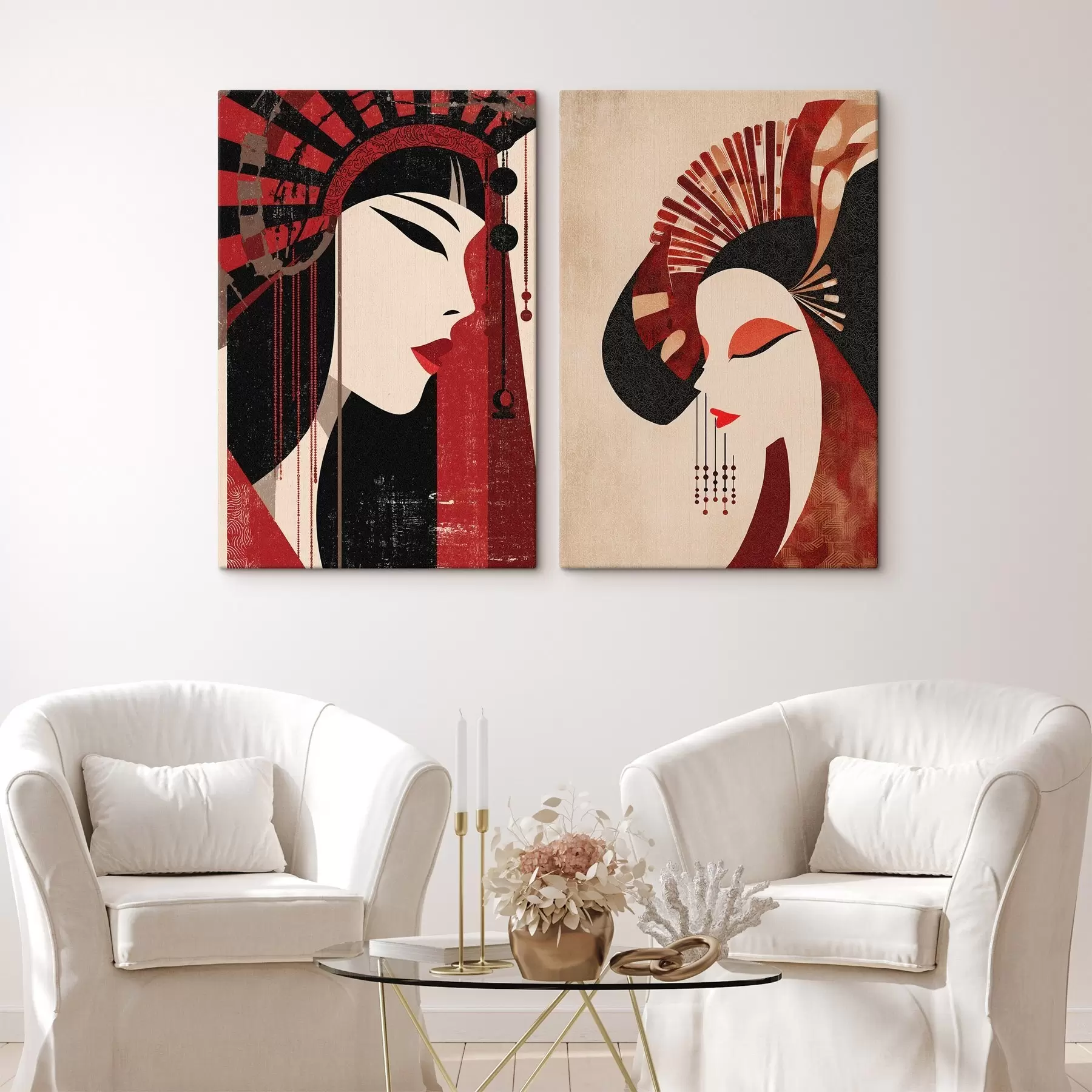 Tablouri portret stilizat al unei femei, inspirat de estetica japoneză și art deco m30431