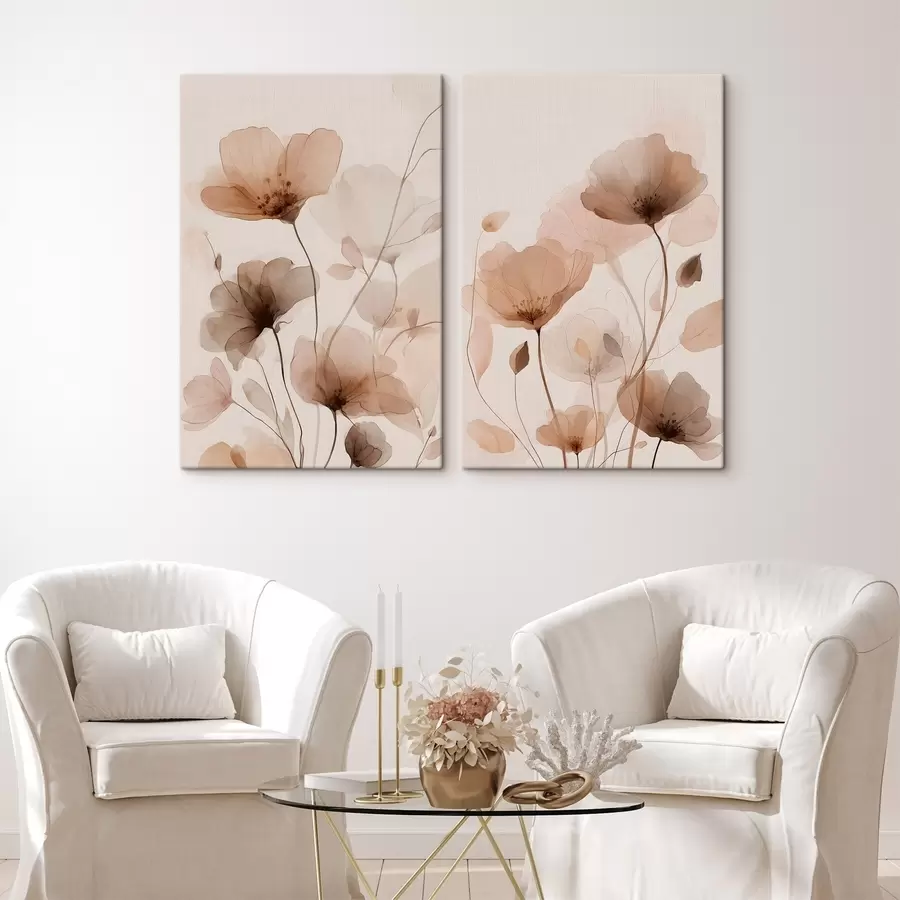 Tablouri flori pictate în acuarelă în nuanțe de maro m30435