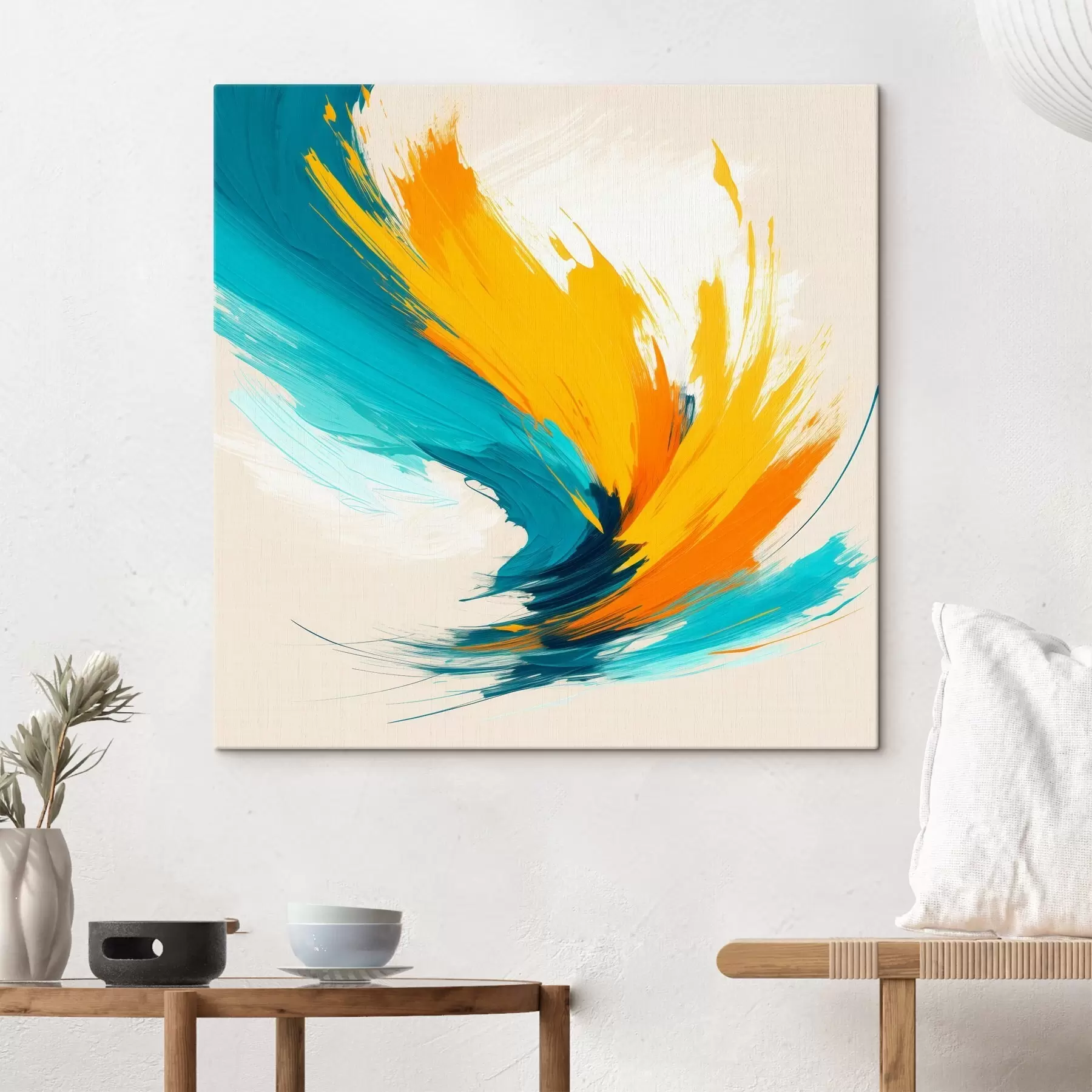 Tablouri Un vârtej plin de energie în nuanțe de galben și albastru, într-un stil pictural contemporan s48856