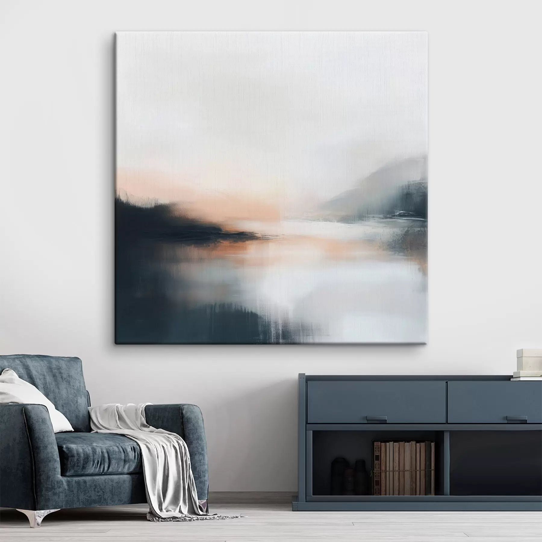 Tablouri Peisaj abstract, învăluit în ceață, într-o paletă caldă de nuanțe bej-coral s48861